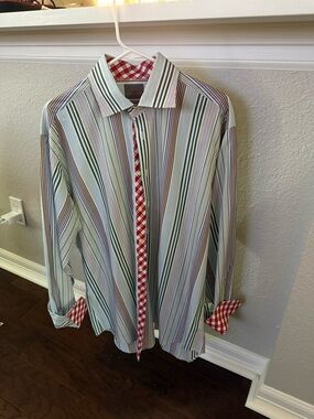 Thomas Dean Multi-Striped Button-Down Shirt with Red Gingham Trim